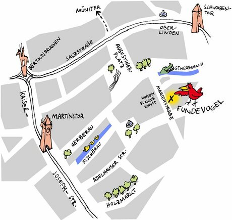 Stadtkarte von Freiburg und Weg zum Fundevogel